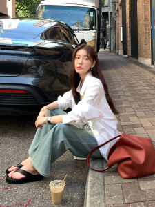 Halo Luu Womens White Cotton Long Sleeve Shirt Loose Fit Comfortable Korean Style Fall New Arrival Breathable Casual Outerwear