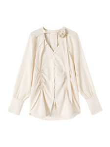 via PITTI Rose Patterned Womens Shirt Vintage Style Long Sleeve Waist-Cinching Pleated Top Polyester Fiber V-Neck Button Detail