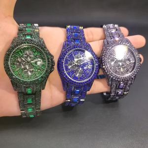 Đồng Hồ Nam Sang Trọng Màu Xanh Lá Cây Đính Kim Cương Hip Hop Bling Out Chống Nước Phát Sáng Bằng Thép Không Gỉ Đồng Hồ Đeo Tay Thạch Anh Độc Đáo Ice Out Clock