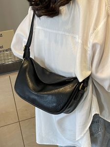 Black Dumpling Shape Crossbody Bag Versatile Urban Simple Style Soft PU Material Pure Color Pattern Back Patch Pocket Design