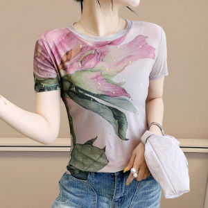 YIMEI 2025 New Fashionable Printed T-shirt Womens Short Sleeve Temperament Elastic Mesh Top Tight and Elegant Pink Small Shirt Summer