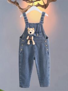 Girls Denim Overalls Spring Summer Fashionable Versatile Rabbit Patterned Long Pants Cotton Polyester Blend Comfortable Fit