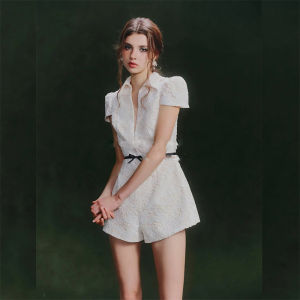 Lace Trimmed French Style Collar Jumpsuit Shorts