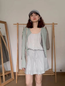 Korean Style Summer Sun Protection Knitted Cardigan Air Conditioning Cover up Womens Summer Belted Blue Striped Halter Dress Two Piece Set