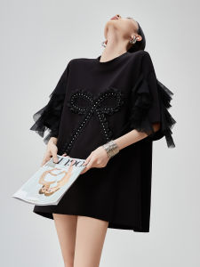 XIAODADEHUA | Black Bow Flower Round Neck Loose Korean Style Mesh Spliced High-end Petal Sleeve T-Shirt