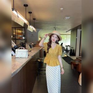 YUFUQING | French V-neck Shirt Set Womens Summer New High Waist Polka Dot Half Skirt Two-piece Set Waist-cinching Polyester Fiber