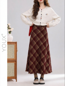 YOUXIANG | Chân Váy Caro Cao Waist Vintage