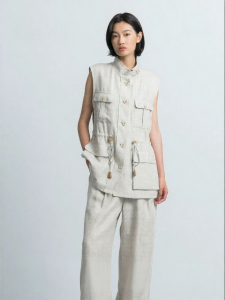 Multi-pocket Stand-up Collar Drawstring Womens Vest