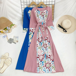 ชุดเดรสยาวรัดเอวพิมพ์ลายสไตล์ฝรั่งเศสย้อนยุคสำหรับผู้หญิงในช่วงฤดูร้อนปี 2024 ทรงหลวม ทรงเอ แขนสั้น กระโปรงทรงเอ