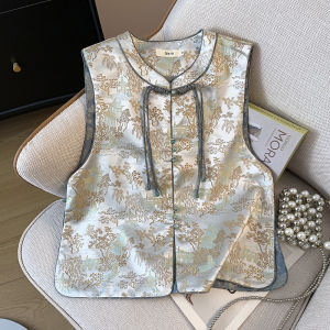 Womens Reformed Hanfu Embroidered Jacket Sleeveless Tieleaved Floral Patterned Outerwear Single Button Stand Collar
