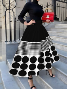 Printed Design Suitable for all four seasons Black And White Stripes And Dots vacation style Elegant style womens half skirt