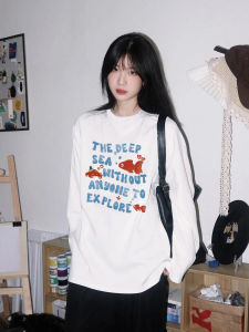 Ladies Cool Pure Cotton White Long Sleeve T-shirt Spring Autumn Loose Fit Youthful Print Casual Crew Neck Half Sleeve Top