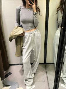 Grey Sports Wide Leg Pants Womens Spring Autumn 2025 New High Waist Loose Drapey Straight Casual Sweatpants Lazy Style