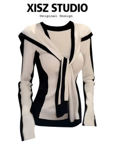 American College Style Color Block Long Sleeve Top And Shawl Two Piece Set Womens Retro Slimming Top for Autumn