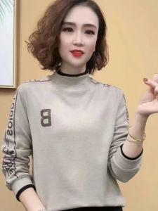 ฤดูใบไม้ร่วง ฤดูหนาว ใหม่กึ่งสูง ปกเสื้อ สองด้าน ผ้าขนแกะ เสื้อฐาน หลวม Letter Heat Transfer Diamond Anti-aging Splicing ผู้หญิง เสื้อท่อนบน