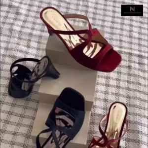 Nicholas Edison Heel Aruna Sandal Mid Low Heels Satin Slip on Terbaru