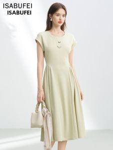 isabufei | Đầm Thun A-Line Tay Ngắn Màu Xanh Lá Nhạt Dành Cho Giảm Cân