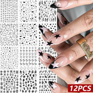 12Pcs 3D Laser Gold Flame Star Heart Nail Stickers Irregular Lines Bowknot French Chain Self-adhesive Slider DIY Manicure Decals
