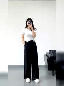 Women Korean Fashion High Waist Lapel Collar Suit pants Loose Straight Pants Slacks Draping Casual Wide Leg Trouser