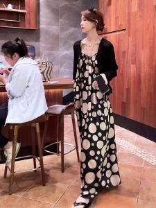 Elegant Polka Dot off Shoulder Long Dress Womens Loose Fit Summer New Korean Style Slimming Temperament Gown Silk Material