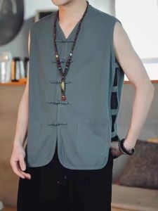 Mens Summer Chinese Style Sleeveless Lin Vest Set Old Beijing No Sleeve Tank Top Tang Costume Can Shoulder Fashion Linen Vest