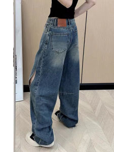 Retro American Style Womens Jeans High Waist Straight Leg Wide Leg Floor Length Pants plus Size Slimming Versatile Trousers