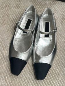 Silver Flat Bottom Single Shoes Womens Spring 2025 New Square Head Color Block Elegance Mary Jane Shoes Fashionable Peep Toe
