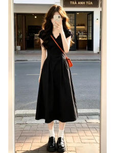 PEIZIXUAN | Hepburn Style V-Neck Black Long Dress Summer New Arrival