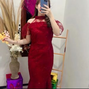 Dress Brokat Duyung Mewah Super Elegant Gaun Pesta Sabrina Shoulder Dress fishtail Pakaian Wanita Longdress Kondangan Russel Dress Zh