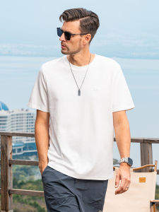 Enjeolon Smooth Ice Silk Cotton Mens Short Sleeve T-Shirt Letter Embroidery Cool Feeling Base Shirt Standard Fit Daily Wear Summer