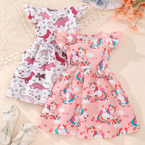 New Dinosaur Unicorn Dress Kids Girl Clothes Summer Short Sleeve Casual Fashion Birthday Baby Girl Dress 2 3 4 5 6 7 8 Years Old