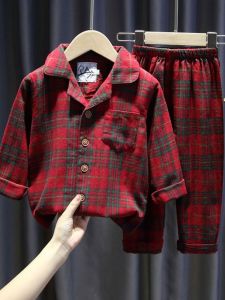 ชุดนอนผ้าฝ้ายลายสก็อตสีแดงสำหรับเด็ก ชุดนอนฤดูใบไม้ผลิและฤดูใบไม้ร่วง แขนยาว เสื้อผ้าสำหรับใส่ในบ้าน สำหรับเด็กชายและเด็กหญิง