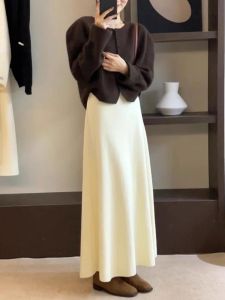Knitting Skirt Womens Fall and Winter 2024 New Arrival Elastic Waistband Slimming Black Elegant French Drape A- line Long Skirt