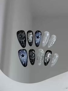10pcs Colorful Star Black Press on Nails Almond Flash Punk Spicy Girls Handmade False Nails Blush Glitter Charming Manicure Nail