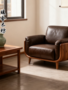 2025 New Black Walnut Wood Genuine Leather Sofa Chair Modern Simple Living Room Small Model Home Furniture Single Sofa Chair