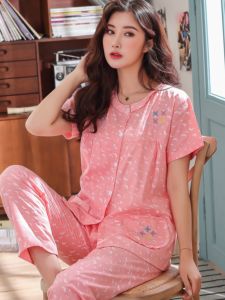 Cotton Pajamas Summer Womens Cotton Short Sleeve Pants Pajamas Woven Womens Cotton Plaid Homewear Plus Size Suit