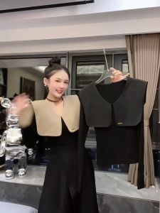 เสื้อเชิ้ตคอปกนักเรียนสีดำแขนยาวทรงสลิมฟิตสำหรับผู้หญิงในฤดูใบไม้ร่วงและฤดูหนาว เสื้อเชิ้ตคอกลมลายจุดสีพื้นสไตล์เกาหลี