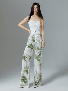 YANYUMENGMENG | Ice Silk Wide Leg Pants Womens Summer New Chinese Style Watercolor Print High Waist Trousers Original Design Long Pants Polyester Fiber