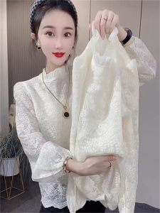 เสื้อเชิ้ตคอปกสูงครึ่งตัวผ้าลูกไม้ปักลายแฟชั่นฤดูใบไม้ผลิและฤดูใบไม้ร่วงสำหรับผู้หญิง เสื้อเชิ้ตผู้หญิงแบบสวมหัวแขนยาวลายดอกไม้