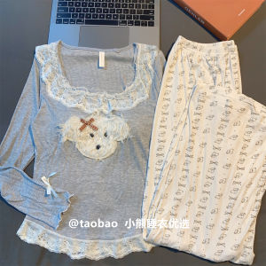 Autumn 2025 Long Sleeve Long Pants Slim Fit round Neck Sleepwear Cartoon Casual Fixed Chest Pad Home Clothes Spring Youth
