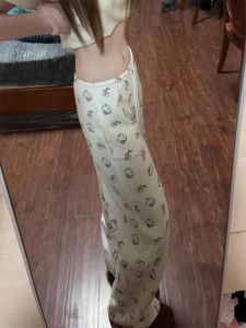 Quần Dài Ống Rộng in Hình Chó American Retro White Casual Cho Nữ Mùa Hè Mới Cạp Cao Rộng Rãi Thon Gọn Thẳng