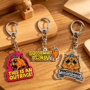 Cat Keychains Funny Cartoon Acrylic Key Rings "This Is An Outrage" Cute Cat Pendant Key Chains for Bag Charms Fans Gifts