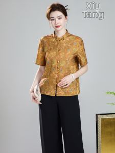 XIUGUANTANG | New Chinese Style Imitation Huaro Short Sleeve Stand Collar Vintage Blouse