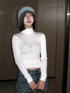 NINGXI | Lazy High Collar Diamond Long Sleeve Slim T-shirt