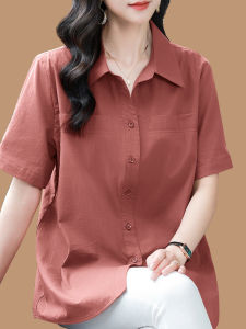 Loose Fit Pure Cotton Short Sleeve Shirt for Middle-Aged Women Summer Casual Turn-down Collar Top Comfortable Breathable Ladies Shirt