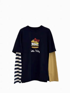 Autumn New Design Long Sleeve T-Shirt Womens Asymmetric Sleeve Print Burger Kitty Commute Style Loose Fit Cotton Polyester