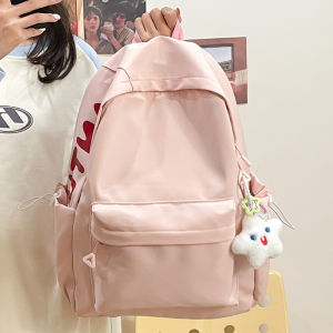 กระเป๋าเป้สะพายหลังผ้าไนลอนสีชมพูความจุขนาดใหญ่สำหรับผู้หญิง กระเป๋าเป้สะพายหลังสไตล์เกาหลีเรียบง่ายสำหรับนักเรียนมัธยมปลาย
