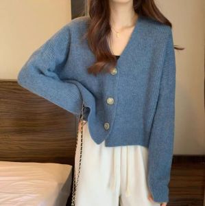 Loose V-Neck Knit Sweater Cardigan Womens Fall Winter Fashion Long Sleeve Thickened Outwear Lazy Style Button-up