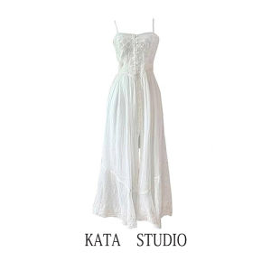 French Pure White Jasmine Heavy Embroidery Strap Dress Women Summer Waist Cinch Vacation White Dress A-Line Long Sleeveless