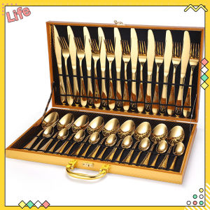Tableware set stainless steel cutlery 16/24/36-piece gift golden wooden box set gold-plated hotel Western-style tableware Christmas gift